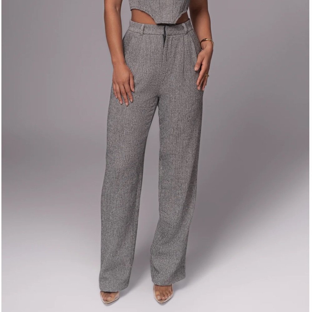 JLUXLABEL Gray Wide Leg Pants Classic Herringbone Trousers - M (New with Tags)